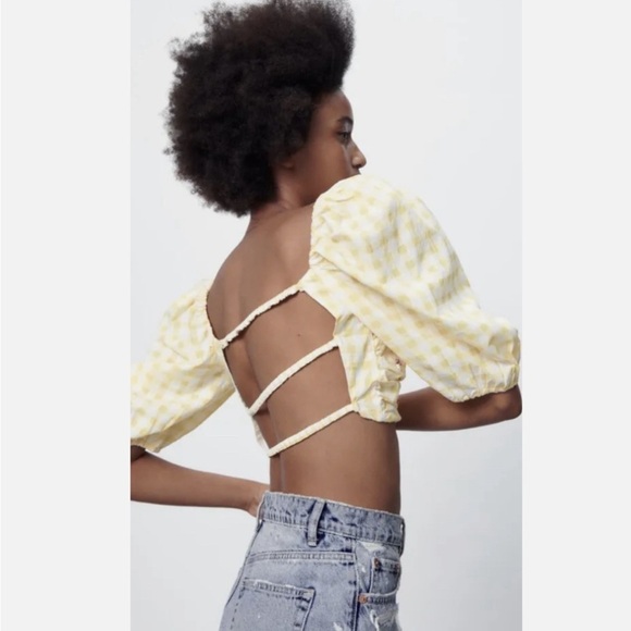 Zara Gingham Plaid Beaded Crop Top Open Back Puff Sleeves Yellow XL - Picture 3 of 8
